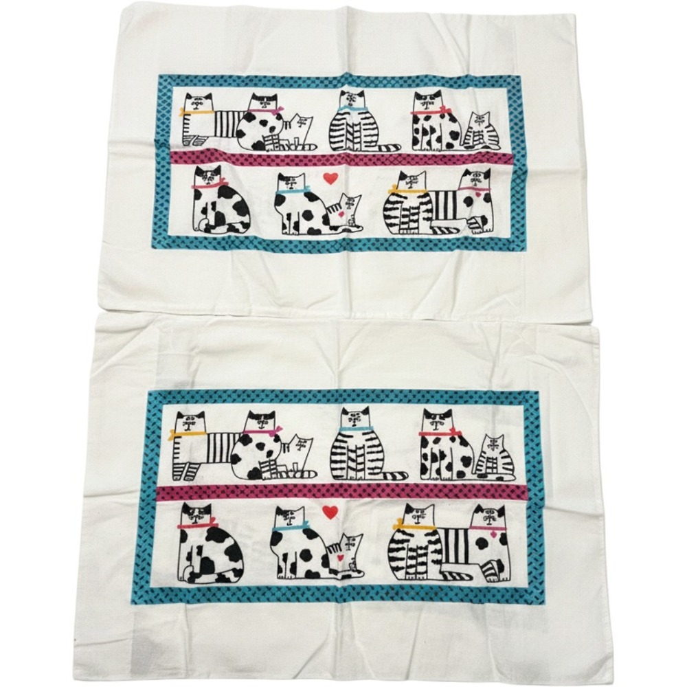 Vintage Stevens Flannel Pillowcase Set 2pc Whimsical Cat Print Cotton USA 90s